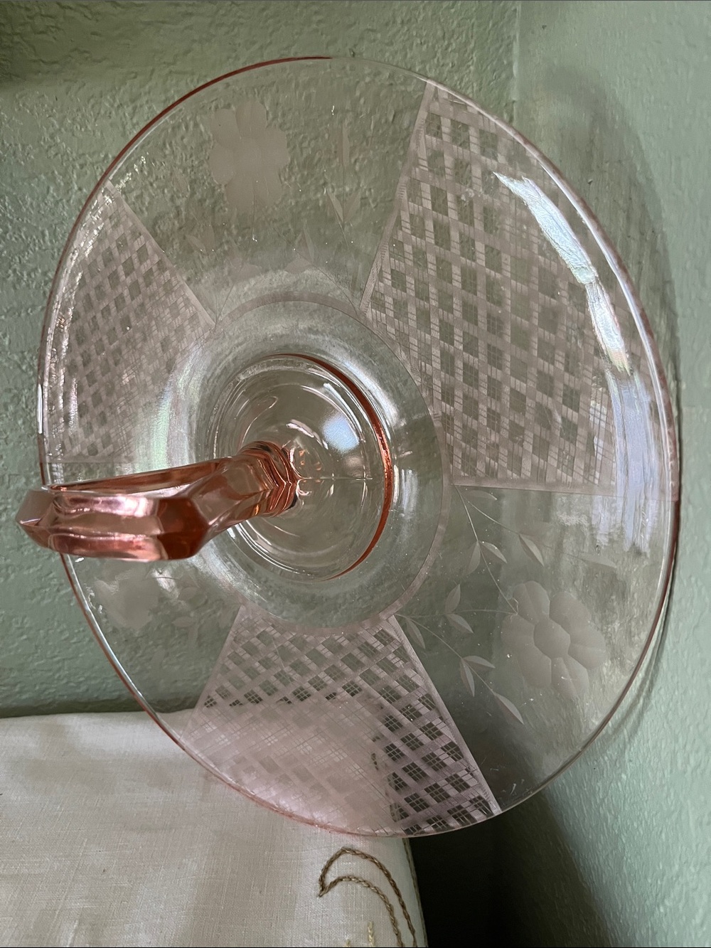 Vintage Pink Depression Glass Center Handle Tray Etched Rose Plaid 11.5”